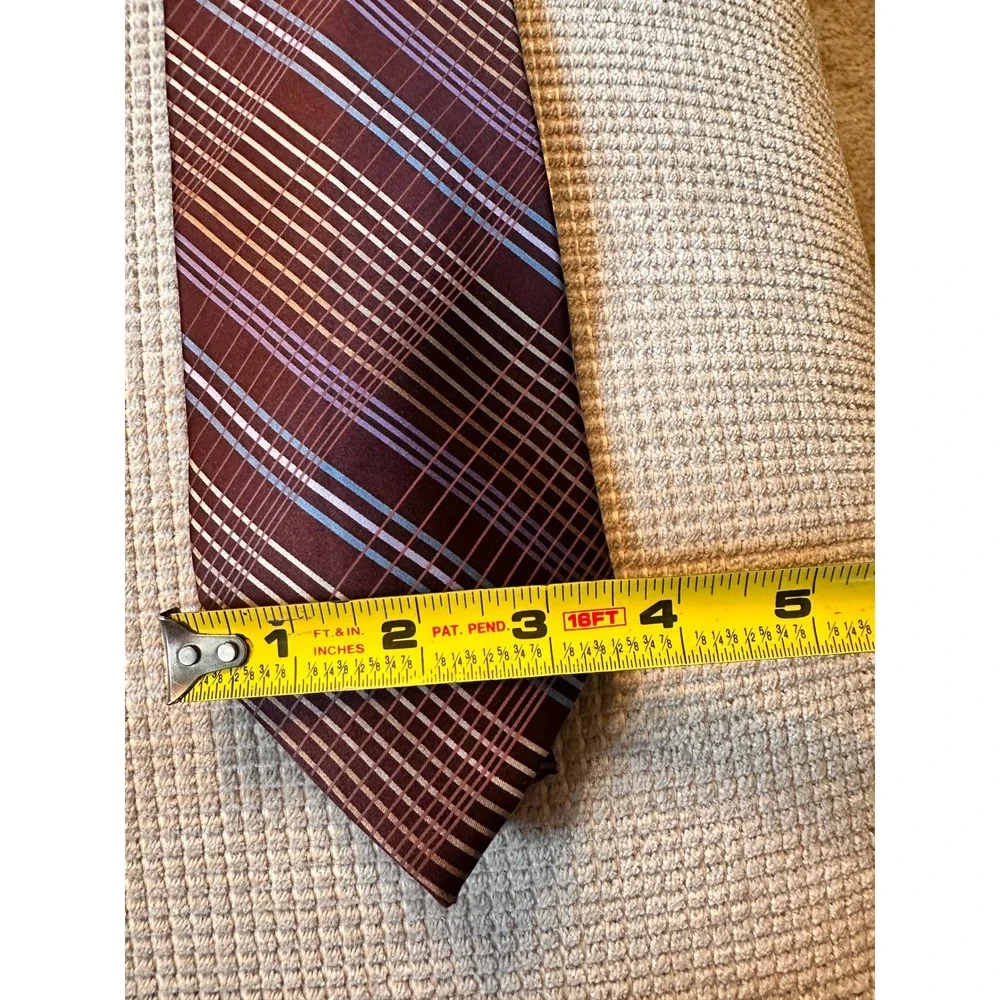 Claiborne Mens Silk Tie Burgundy Blue‎ Purple Plaid Geometric Pattern Hand Sewn